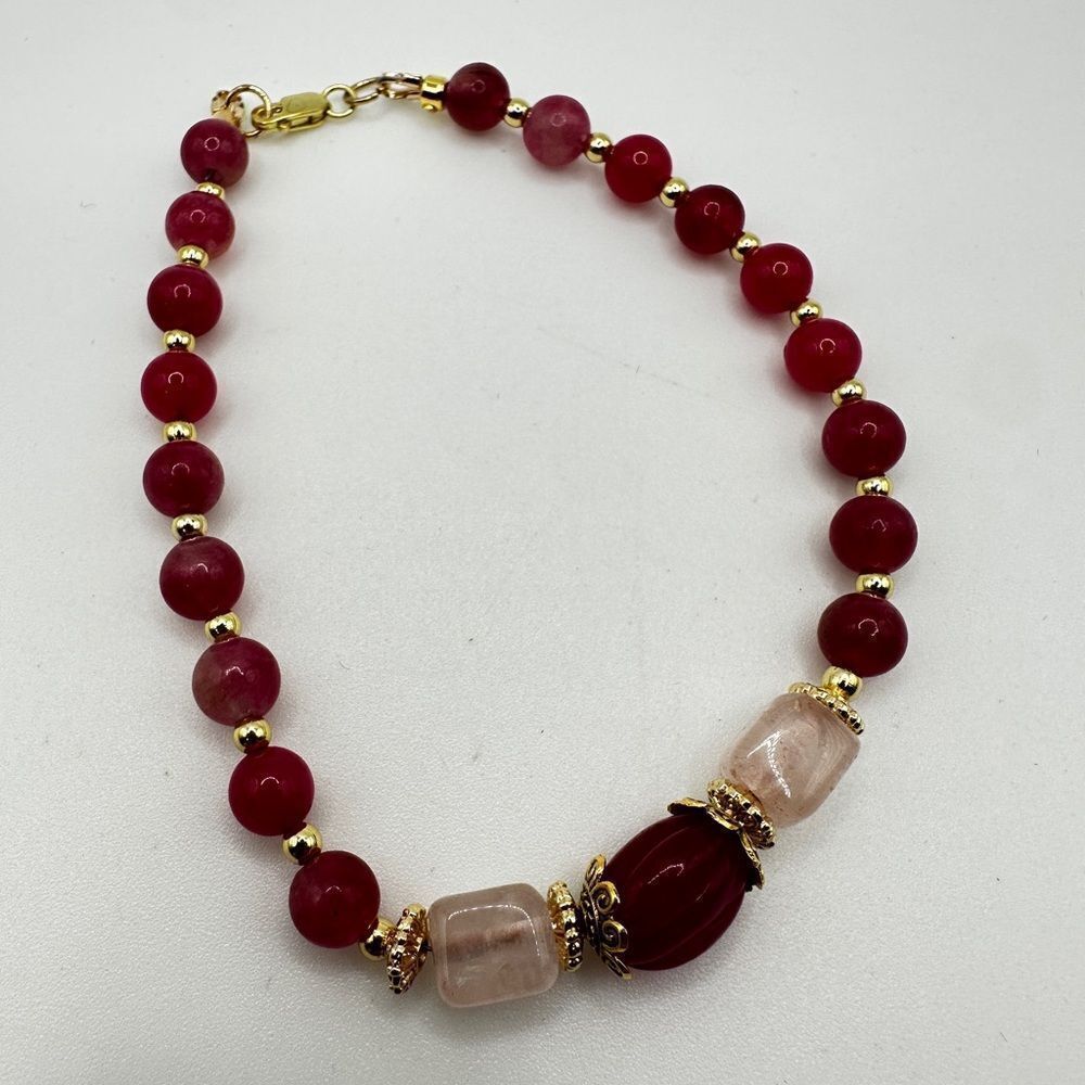 8.5"‎ Ruby center, dyed tourmaline, and rose quartz bracelet with 925 clasp!